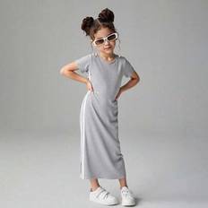 Grey Dresses Shein Girls Casual Colorblock Striped Side Slit Dress - Colorblock