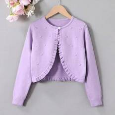 Purple Cardigans Children's Clothing Shein Tween Girls Solid Color Swiss Dot Frill Trim Cardigan - Purple