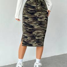 Camouflage Skirts Temu Elegant Camo Print Drawstring Midi Skirt - High Waisted