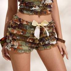 Camouflage - Women Shorts Shein Camouflage Print Ruffle Trim Bow Decorated Shorts