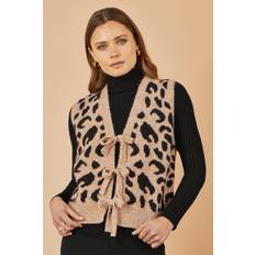 Beige Vests Yumi Animal Print Tie Front Knit Waistcoat - Beige