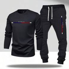 Men - Multicoloured Suits Shein Casual Letter Printed Long Sleeve T-Shirt And Drawstring Waist Pants Set - Men's