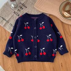 Viscose Cardigans Children's Clothing Shein Baby Girl Cute Casual Long Sleeve Cardigan - Navy Blue Cherry