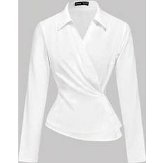 Flare Shirts Shein Oblique Placket Waist Fitted Long Sleeve Shirt - White