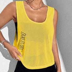 Fitness & Gym - Yellow Tank Tops Shein Women Letter Print Loose Fit Round Neck Tank Top Yellow