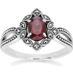 Röda - Silver Ringar Gemondo Art Deco Style Oval Garnet Marcasite Ring - Sterling Silver