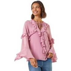 Roman Tie Neck Ruffle Tunic Top - Lavender