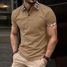 Checkered T-shirts Shein Solid Color Patchwork Front Button Short Sleeve T-Shirt