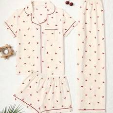 Women - Wool Sleepwear Shein 3pcs Cherry Print Short Sleeve Top Set - Spring Summer