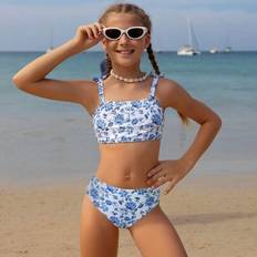 Shein Tween Girl Retro Floral Print Bikini Set - Blue White