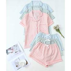 Wool Sleepwear Shein 3pcs Plaid Button Collar Short Sleeve Top Bowknot - Spring Summer