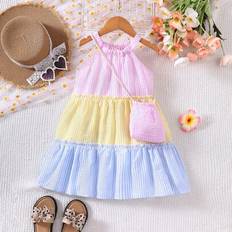 Checkered Dresses Shein Young Girls Plaid Splicing Ruffle Trim Vacation Halter Dress - Spring/Summer
