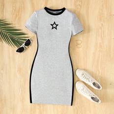 Grey Dresses Shein Teenage Girls Contrast Color Star Print Knit - Casual