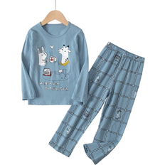 Young Boys' Spring/Autumn Cartoon Letter Print Long Sleeve Top And Plaid Long Pants Homewear Set
