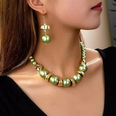 14k Jewellery Sets Temu Elegant 14k Golden Plated Pearl Necklace Earrings Set - Green