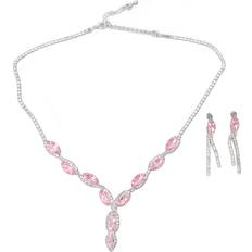 Pink Jewellery Sets Neoglint Bridal Wedding Jewelry Set Lightweight Rhinestone Necklace Dangle Earrings - Pink