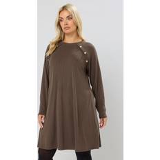 Yours Button Ribbed Tunic Dress Curve Mocha Brown