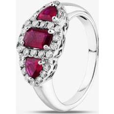 Ruby Jewellery 18ct White Gold Emerald Trillion Cut Ruby Brilliant Cut Diamond Trilogy Cluster Ring - Silver