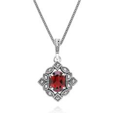 Röda Halsband Gemondo Art Deco Style Oval Garnet Marcasite Necklace - Sterling Silver