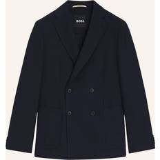 Bomull Kavajer BOSS Double Breasted Blazer Cotton Virgin Wool Seersucker - Dark Blue