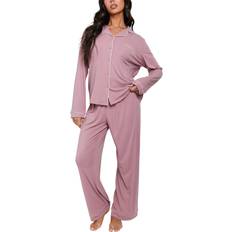 Women Sleepwear Loungeable Rib Long Sleeve Traditional Pyjama Set - Pink