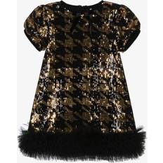 Long Sleeves Dresses Angel's Face Girls Black Gold Sequinned Houndstooth Tulle Dress - Black/Gold