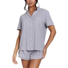Silver Pyjamas Loungeable Ribbed Traditional Short Pyjama Set - Grey