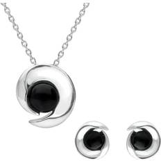Silver Jewellery Sets C W Sellors Sterling Silver Whitby Jet Round Spiral Two Piece Set - Silver