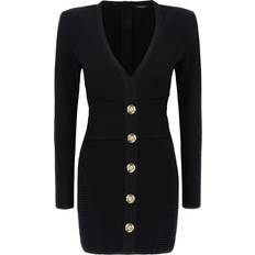 Balmain Short Dresses Balmain Buttoned Plunging Rib Knit Mini Dress - Black