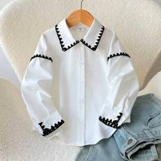 White Shirts Shein Tween Girls Loose Casual Minimalist Comfortable Contrast Collar Sleeve Shirt