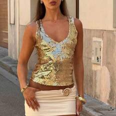 Sequins Tank Tops Shein Women Summer Crop Tank Tops V-Neck Sleeveless Shirt - Aesthetic