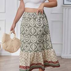 A-line Skirts Shein Plus Size Floral Print Vacation Style Patchwork A-Line Skirt