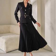Pleats Suits Shein Woman Solid Color Woven Outfits Co-Ords Set - Gold Button