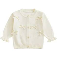 White Cardigans Shein Toddler Baby Girl Knitted Cardigan 3D Bow Long Sleeve Crew Neck - Winter