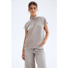 Dam - Gråa Blusar H&M Satinblus Med Ståkrage - Ljusgrå