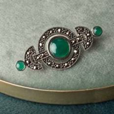 Green - Women Brooches John Greed Signature Silver Marcasite Green Agate Brooch - Green/Silver