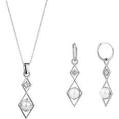 Smyckesset Spero London Rhombus 3D Pearl Necklace Earring Set - Sterling Silver