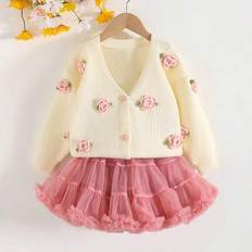 Pink Cardigans Shein Baby Girl Floral Embellished Long Sleeve Knit Cardigan Set