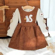 Shein Baby Girl Embroidered Squirrel Pattern Long Sleeve Dress - Autumn/Winte