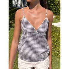 Checkered - Women Tank Tops Shein Plaid Print Summer Sleeveless V Neck Camisole - Multicolor