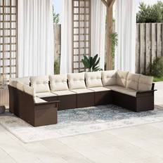 vidaXL 10 Delars Trädgårdsoff Set Med Kuddar Brun Poly Rattan Loungeset