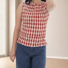 Checkered - Women Tank Tops Shein Sleeveless Tank Tops Stylish Plaid Smocked Elastic Vest - For Summer