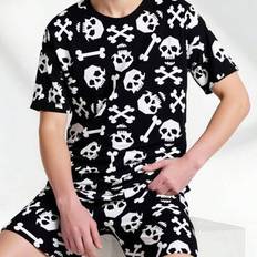 Shein Glow-In-The-Dark Skull Print Snug Fit Short Sleeve Shorts - Halloween
