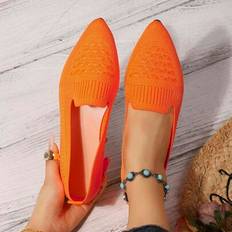 Orange - Women Low Shoes Shein Pointed Toe Slip-On Knitted Striped Flat Shoes - Solid Color