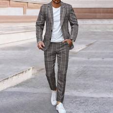 Checkered - Men Suits Shein Plaid Print Lapel Collar Suit Jacket Pants Set - Multicolor