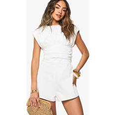 Beige - Women Jumpsuits & Overalls boohoo Womens Ruched Cap Sleeve Woven Playsuit - Ecru