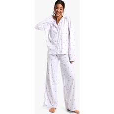 Sleepwear boohoo Bow Print Long Sleeve Shirt Trousers Pyjama Set - White