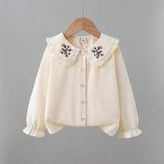 Florals Shirts Children's Clothing Shein Young Girl Floral Embroidery Doll Collar Long Sleeve Shirt