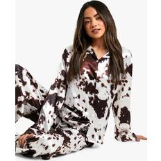 Brown Pyjamas boohoo Satin Cow Print Pyjama Long Sleeve Shirt Trouser Set - Brown