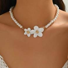 Multicoloured Necklaces Shein Elegant Faux Pearl Beaded Handmade Choker Necklace 3D Floral Alloy - For Women